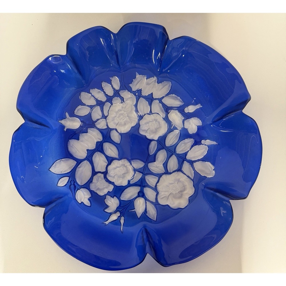Vintage Cobalt Blue floral Seving. Bowl. 13 Scalloped Decorative Centerpiece